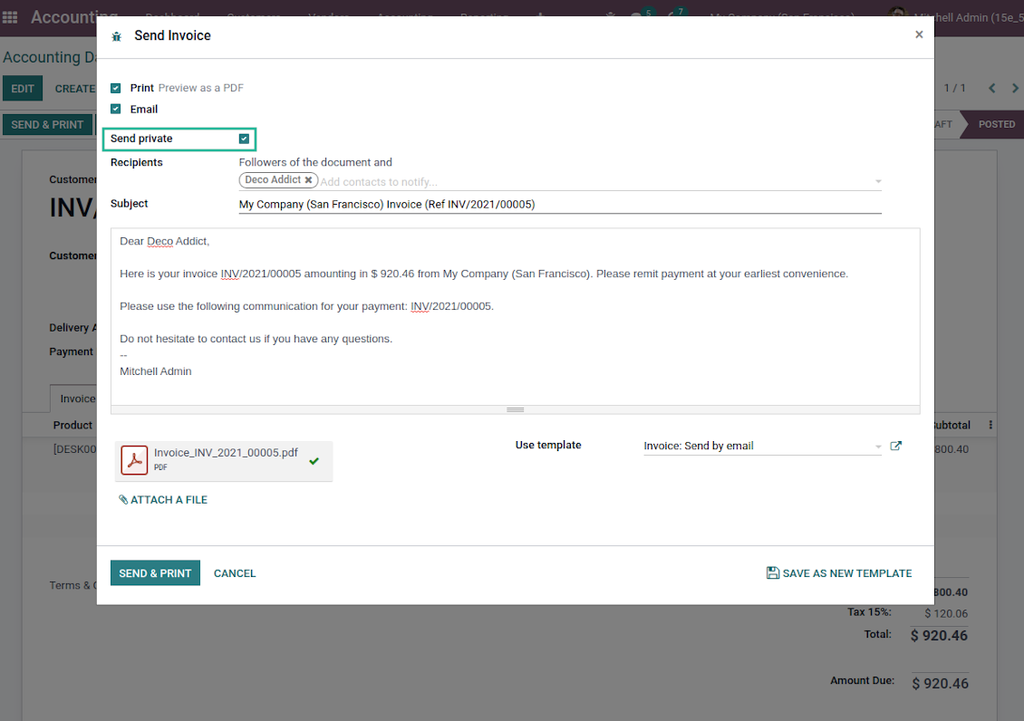 Internal invoice email composer