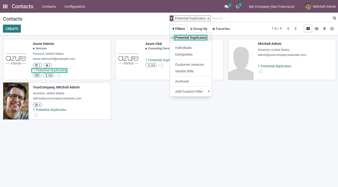 Odoo CRM duplicates kanban view and filter