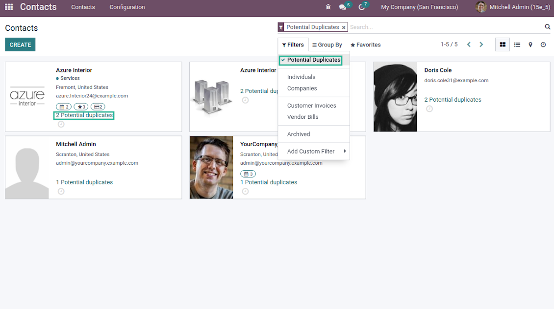 Odoo partners duplicates kanban view and filter
