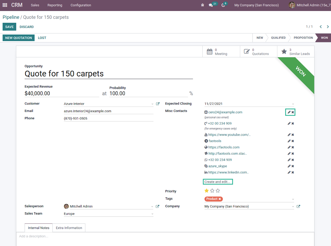 Odoo leads contact details editable