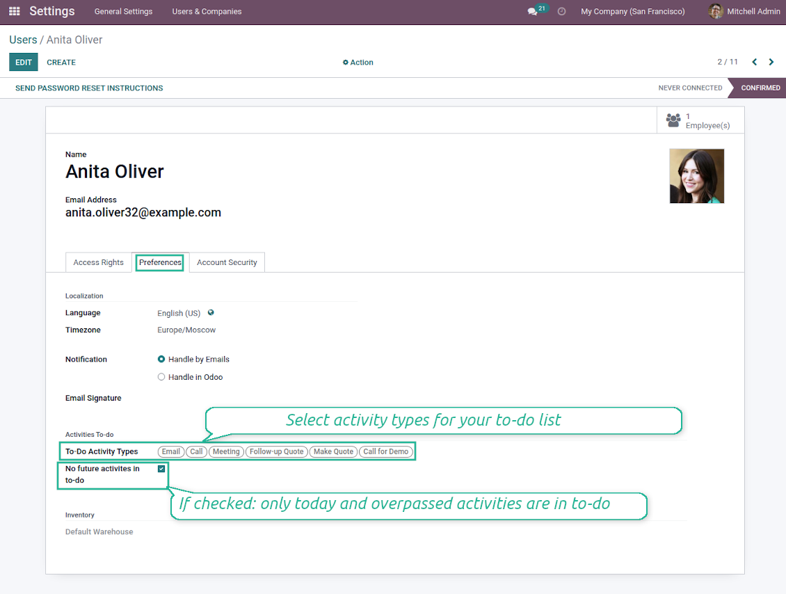 User activity types preferences
