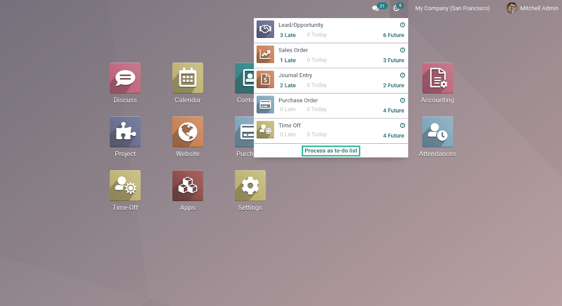 Odoo Activities interface shortcut