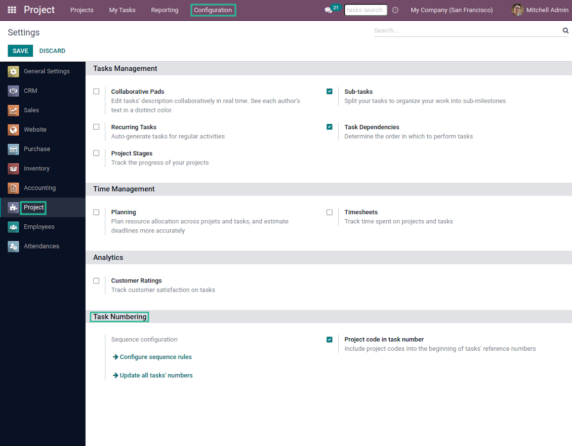 Odoo tasks numbers configuration