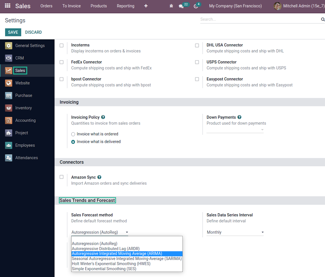Default values to generate Odoo sales trends report