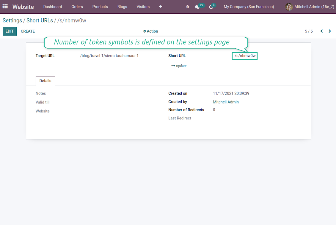 Odoo URL shortener tokens