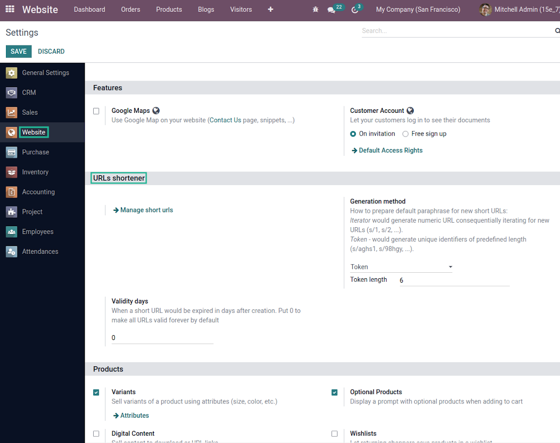 Settings for short urls