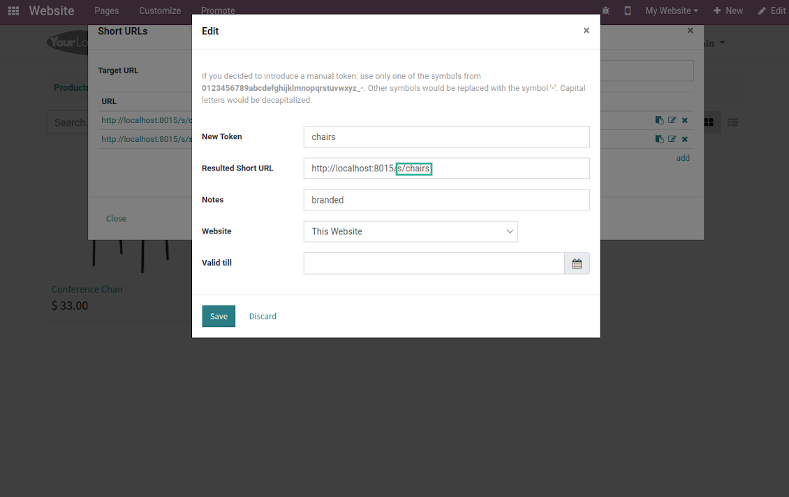Odoo website customization: short links
