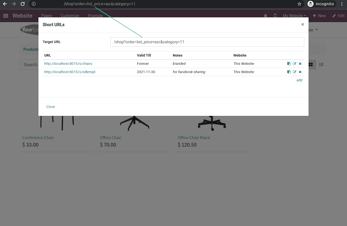 Odoo URL shortener from website