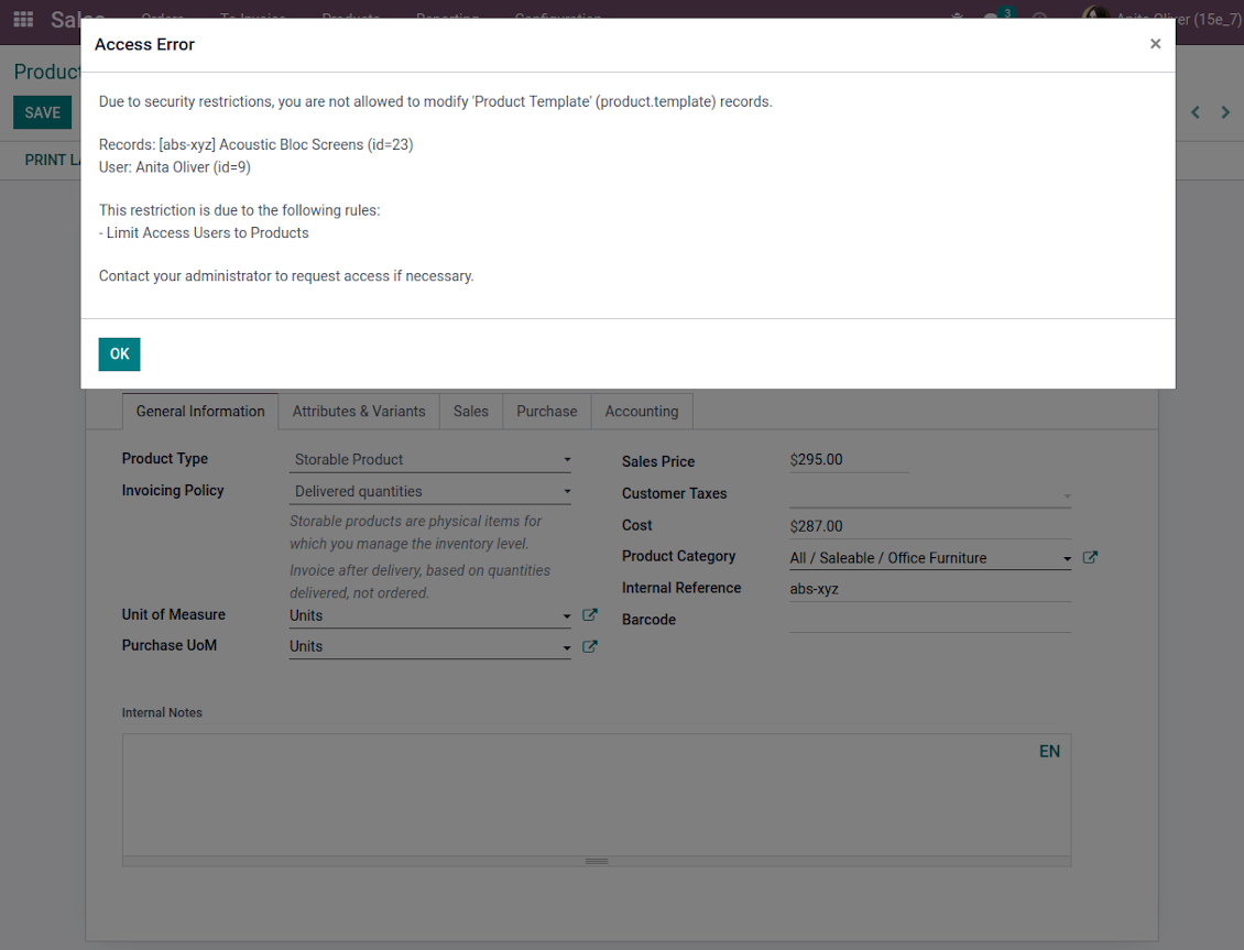 Odoo doesn't not let simple users edit products
