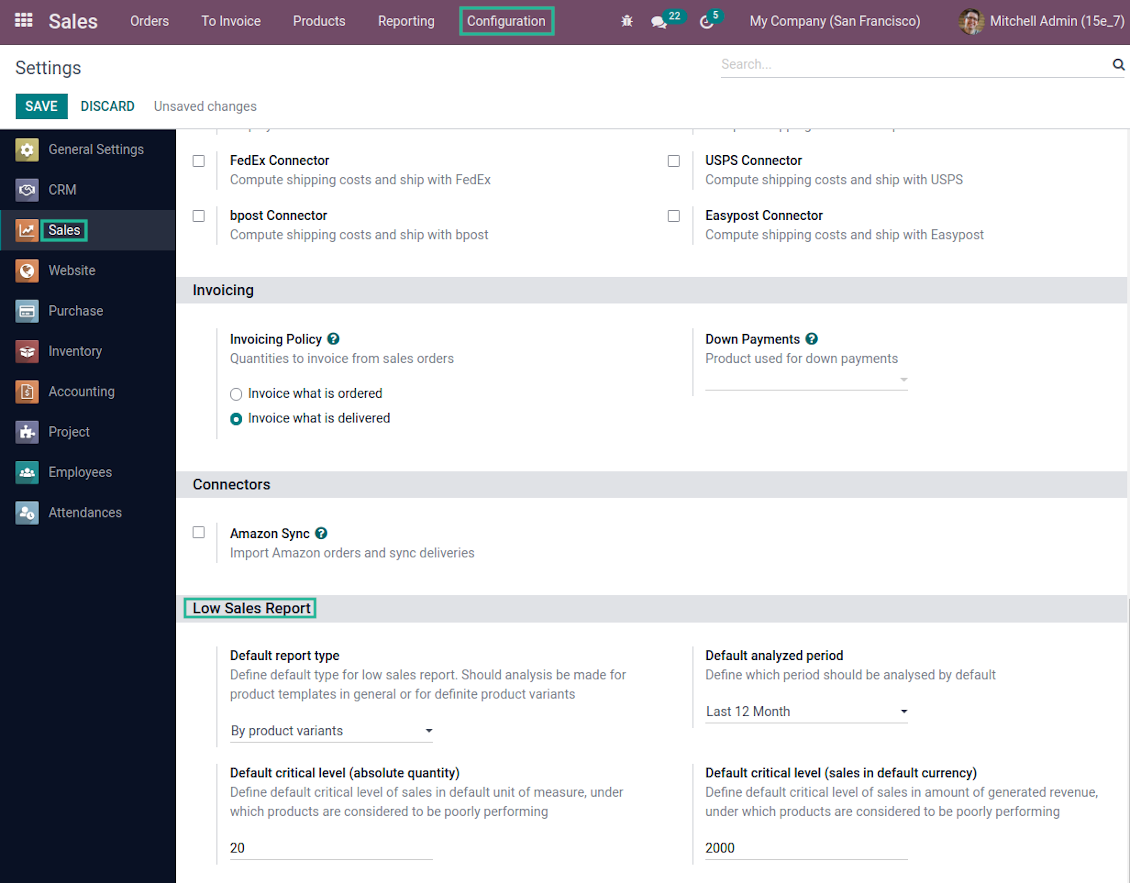 Default values to generate an Odoo sales report