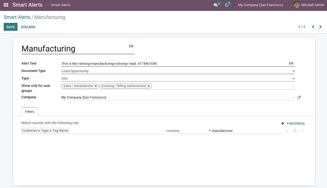 Odoo CRM warnings