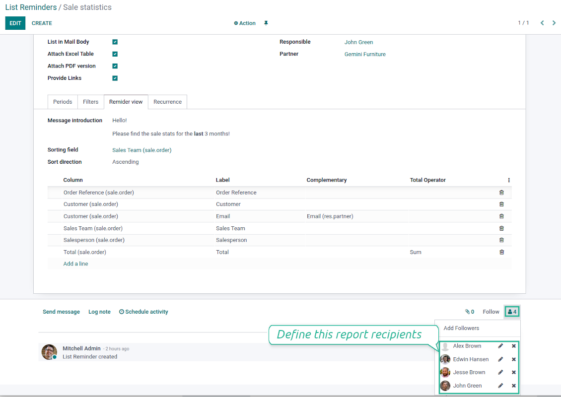 Odoo lists followers