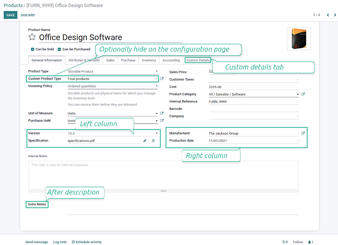 Customize properties of Odoo products
