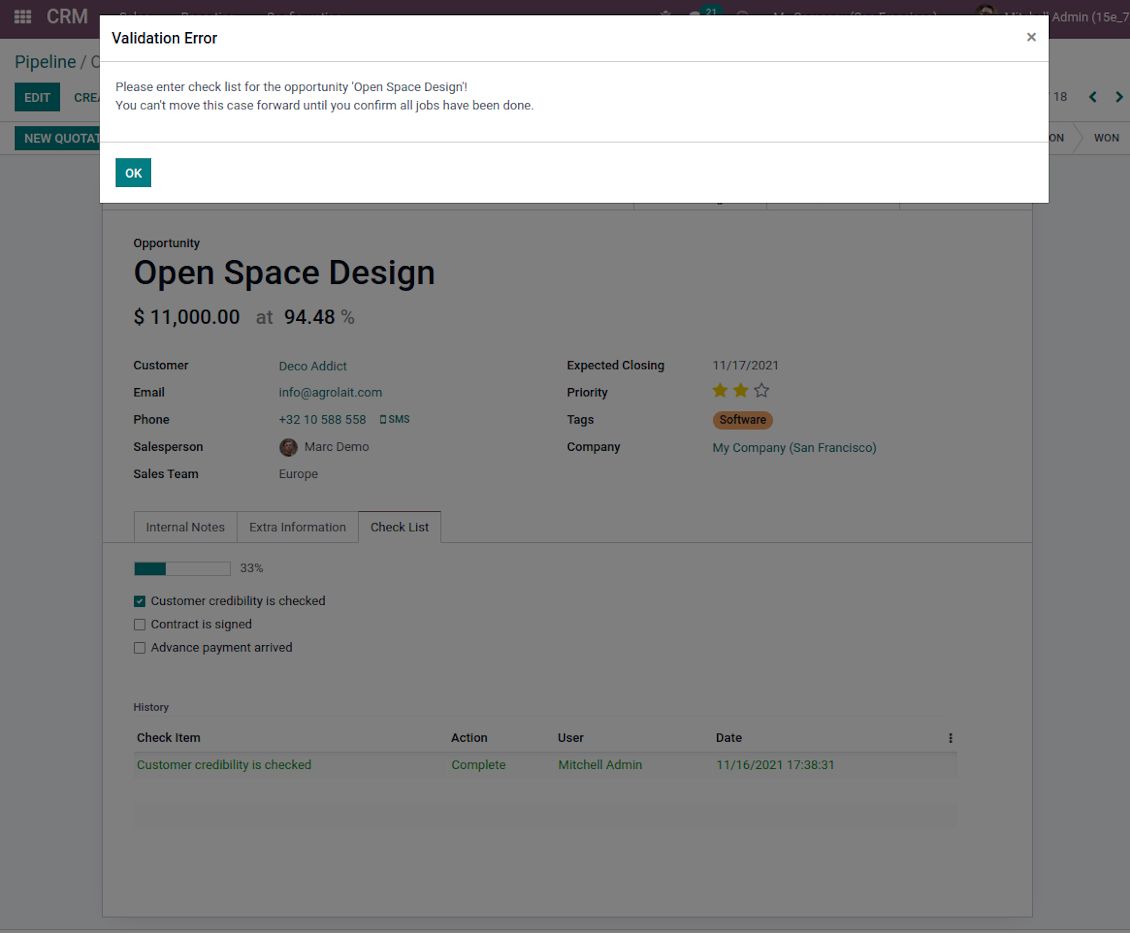 Opportunity check list not approved validation error