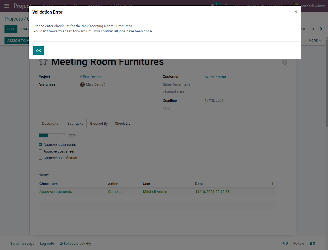 Odoo project check list not approved validation error