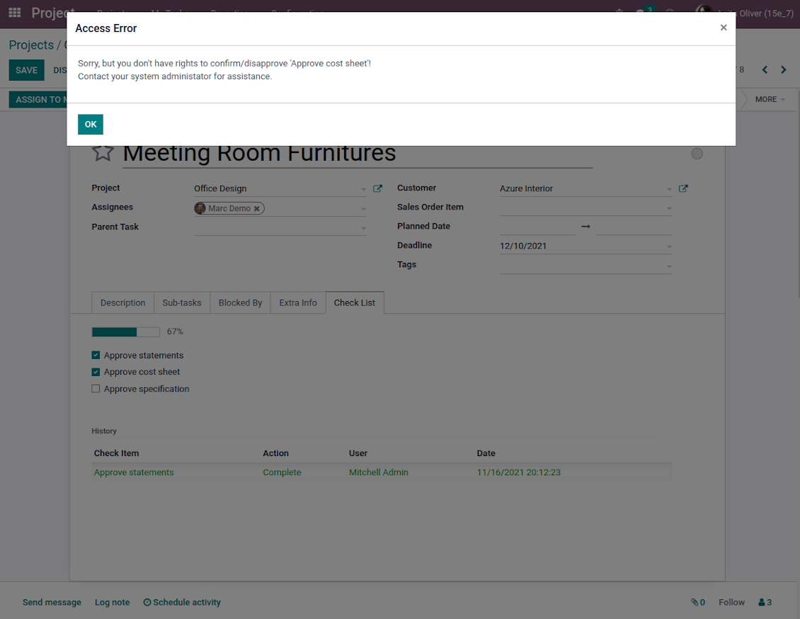 User groups per Odoo project check items