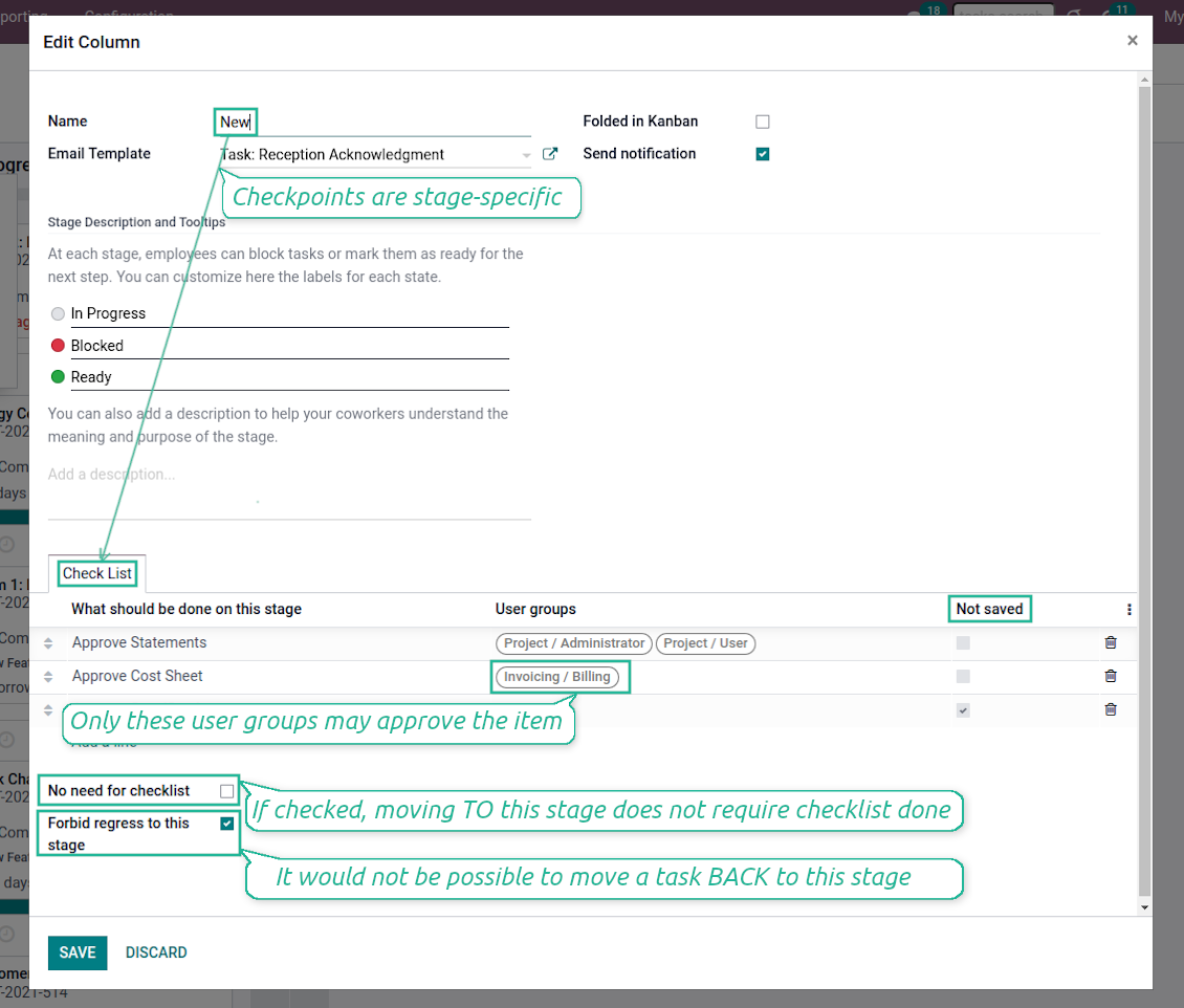 Check items per project stage