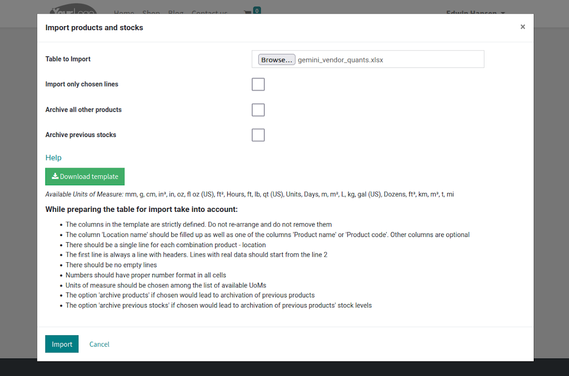 Supplier products and stocks portal import