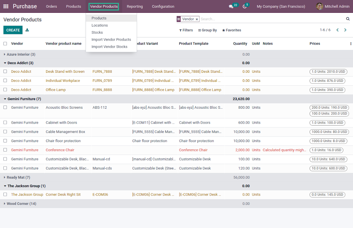 List of Odoo supplier products