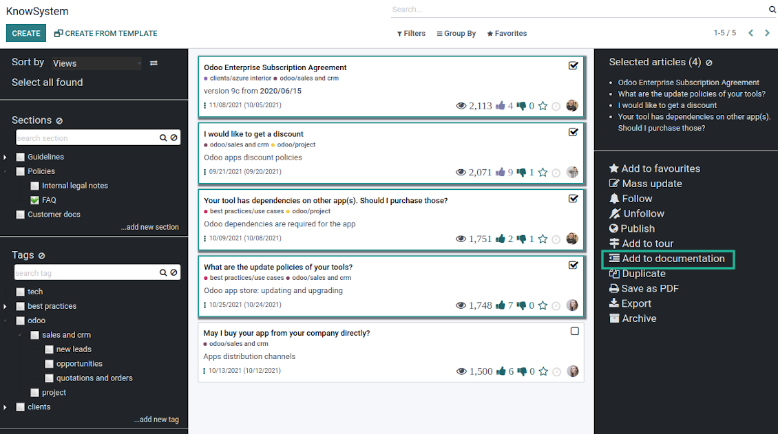 KnowSystem articles: mass add to documentation