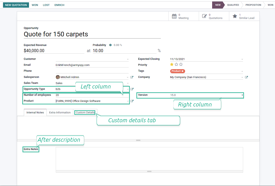 Customized form view of CRM opportunities