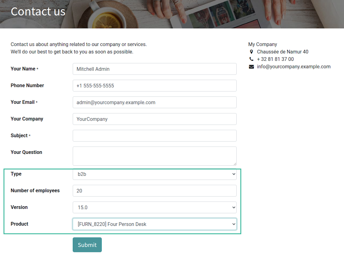 Website contact us form custom fields