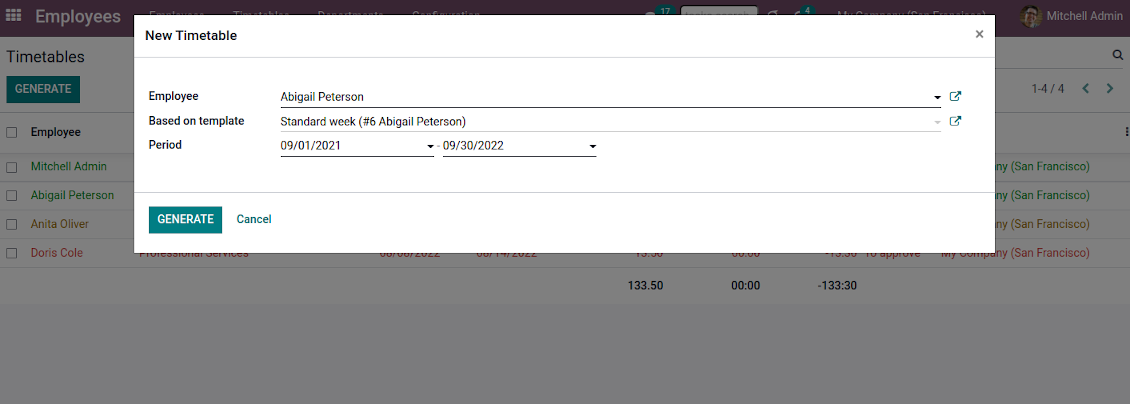 Odoo working shifts templates