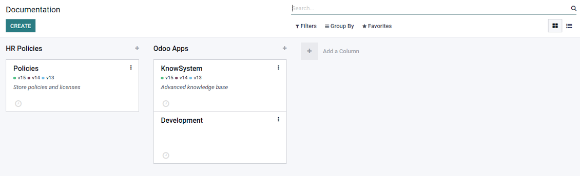 Backend view of Odoo knowledge documentation