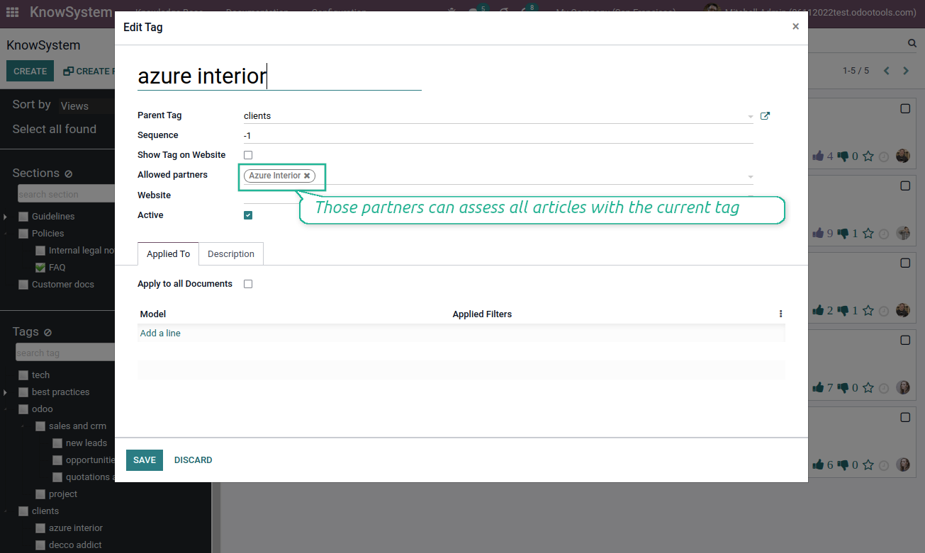 Odoo KnowSystem tags, portal access