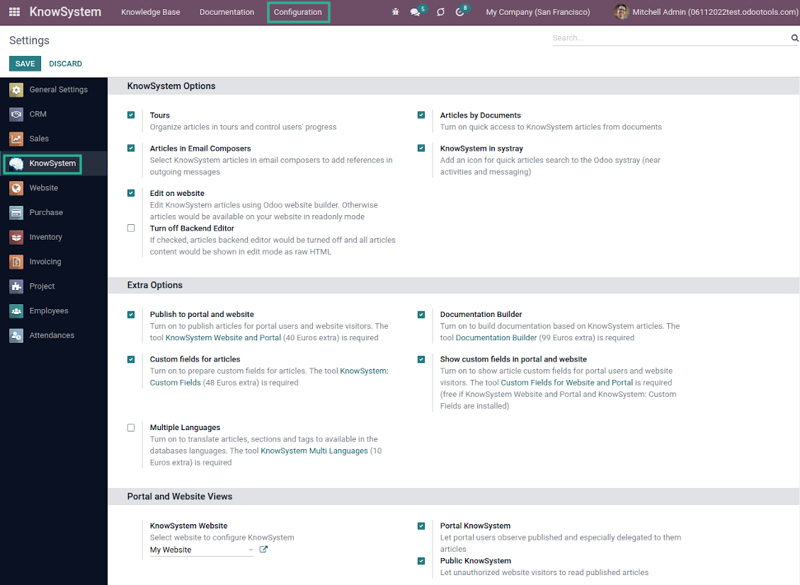 Odoo knowledge base settings