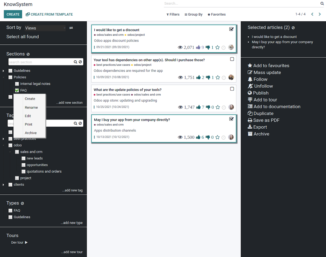 Odoo knowledge base navigation