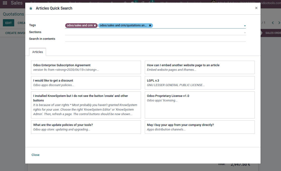 Odoo KMS search of articles