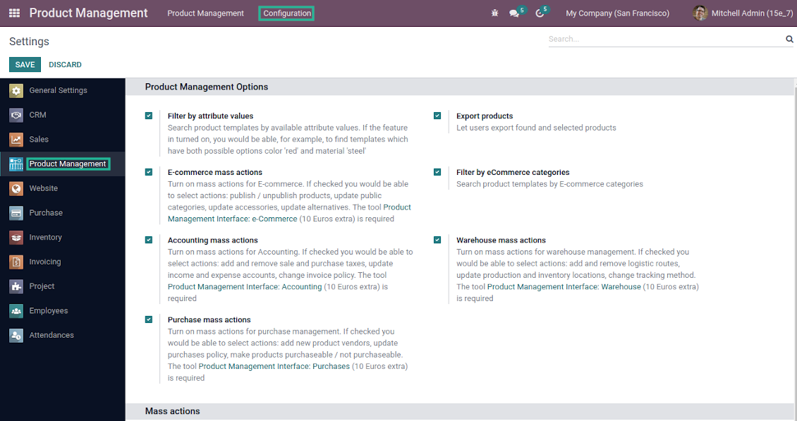 Product management optional features