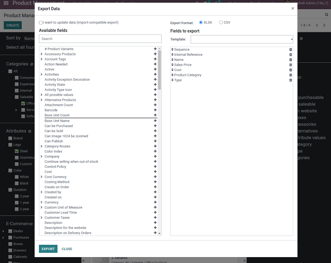 Export selected product templates