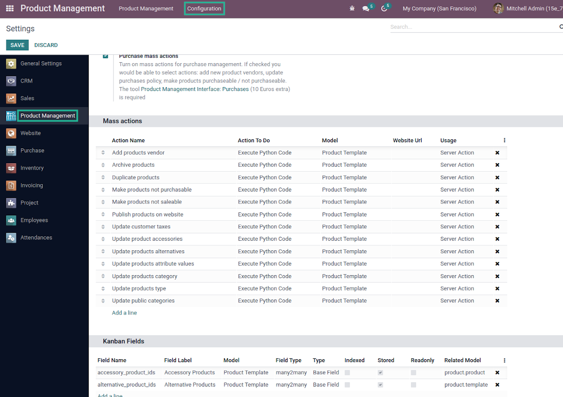 Set up mass actions and fields for product templates