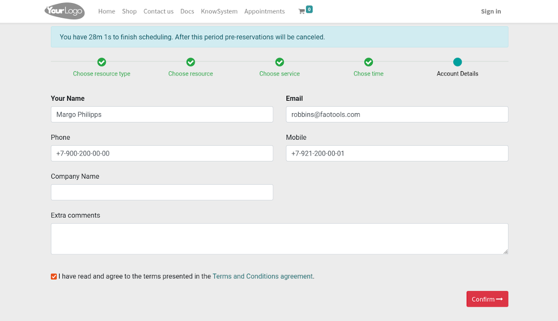 Odoo reservation contact details