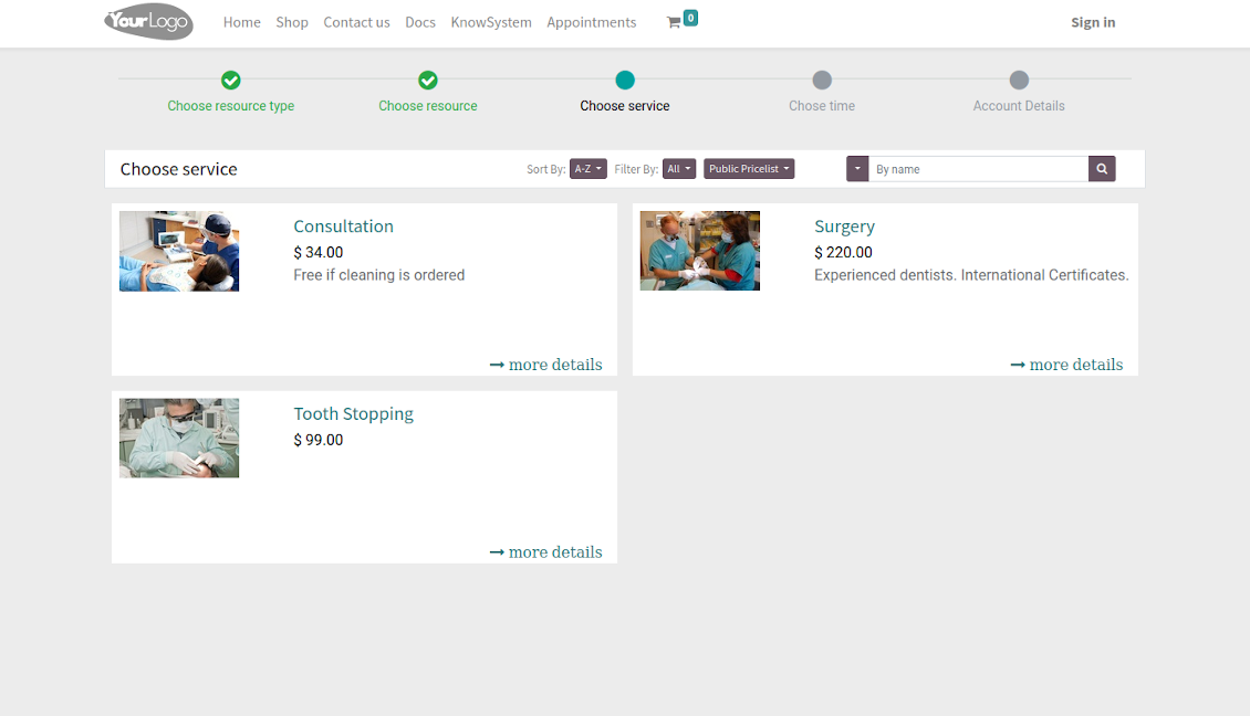 Website service reservation page