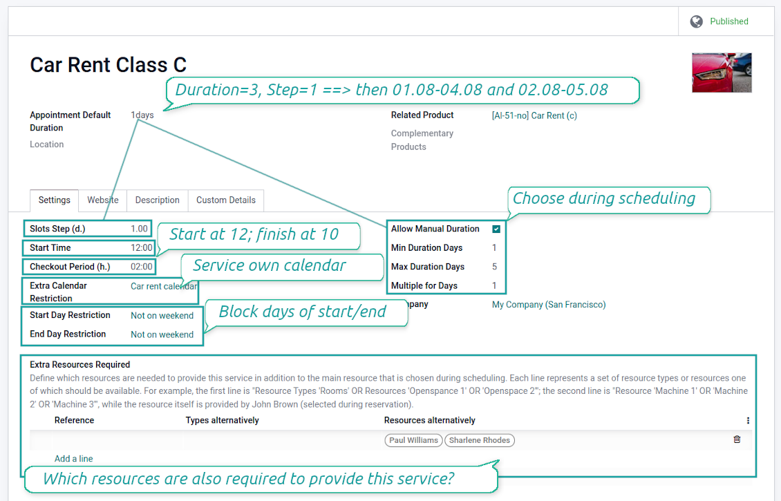Service duration and price setup