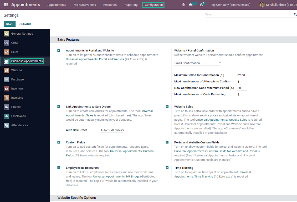 Configuration page: Odoo extra add-ons
