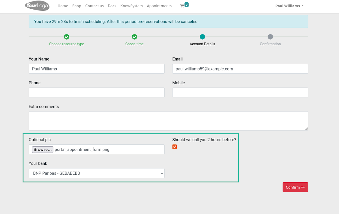 Appointment input form custom details