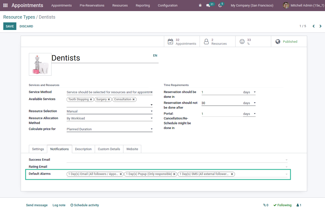 Resource type reminders for linked reservations