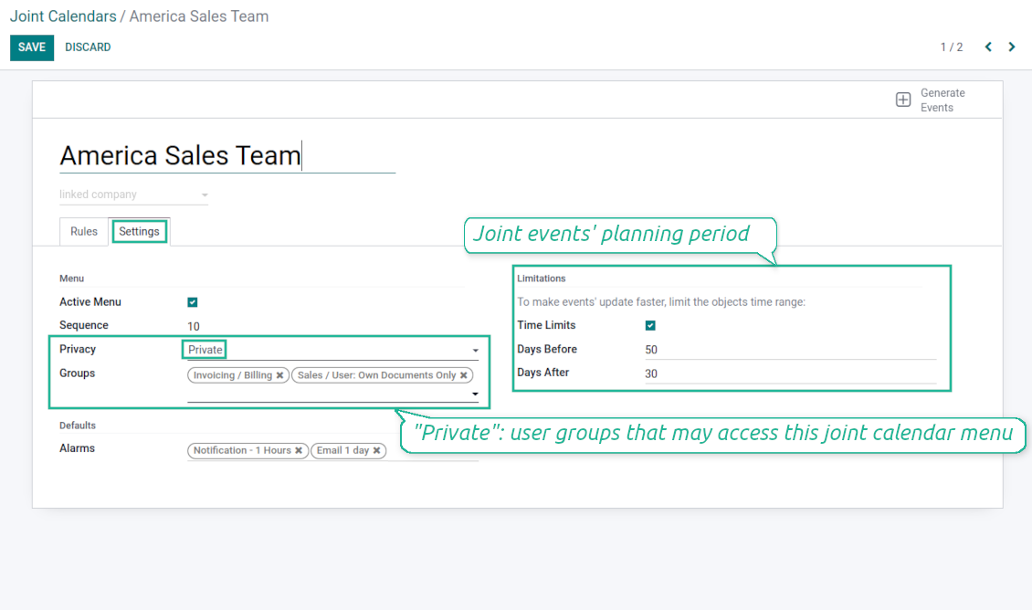 Advanced settings of joint calendar