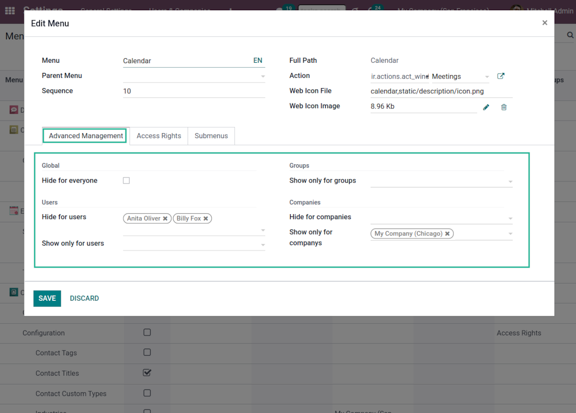 Set up Odoo menu entries