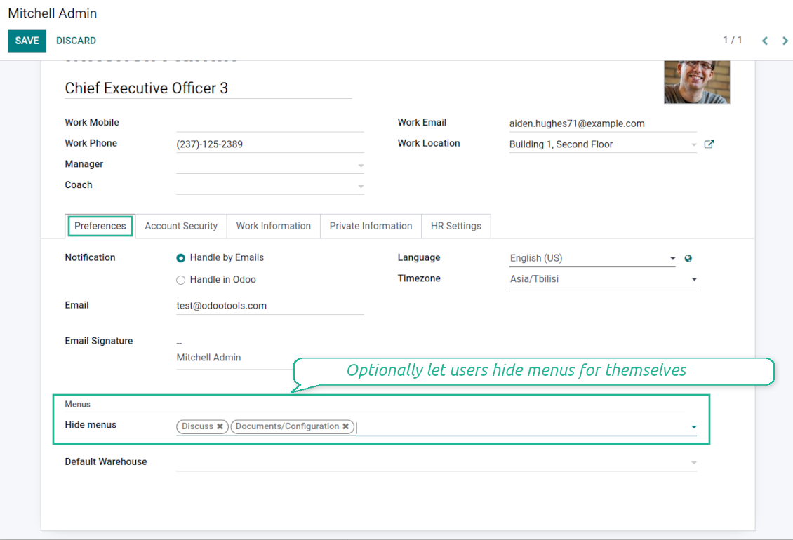 Odoo user menu preferences