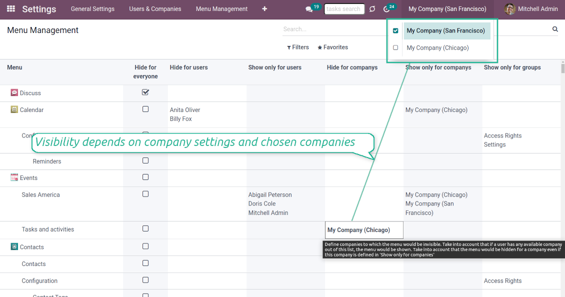 Hide menus for specific Odoo company(s)