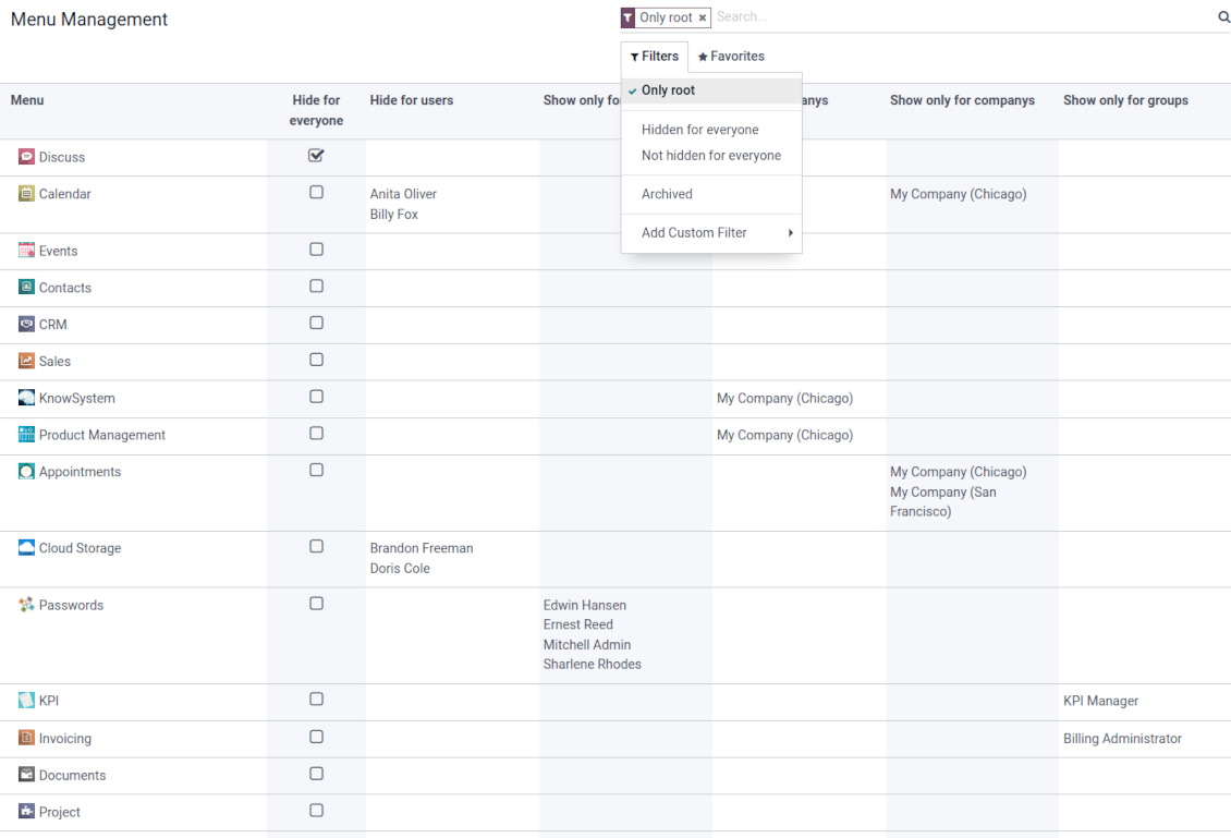 Odoo menus tree and search