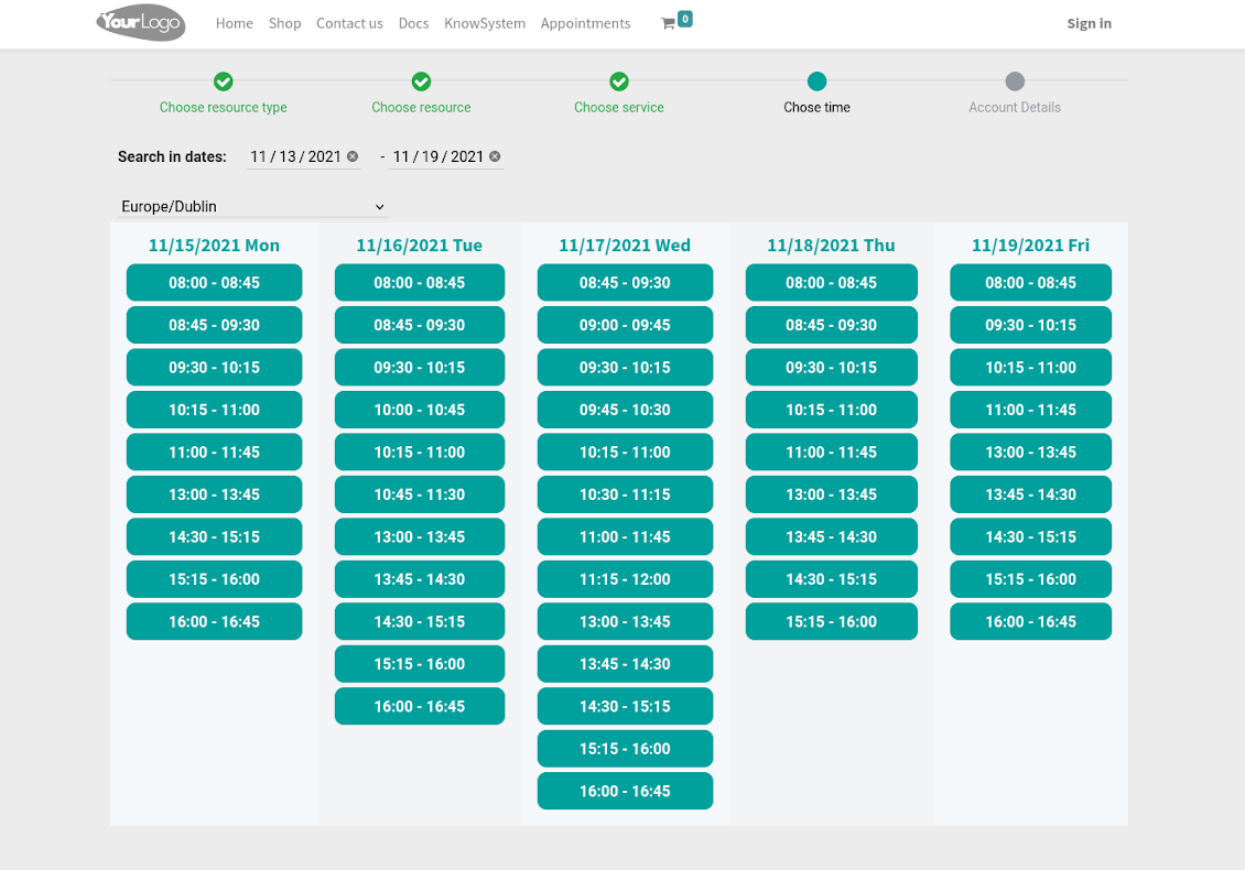 Website time booking page
