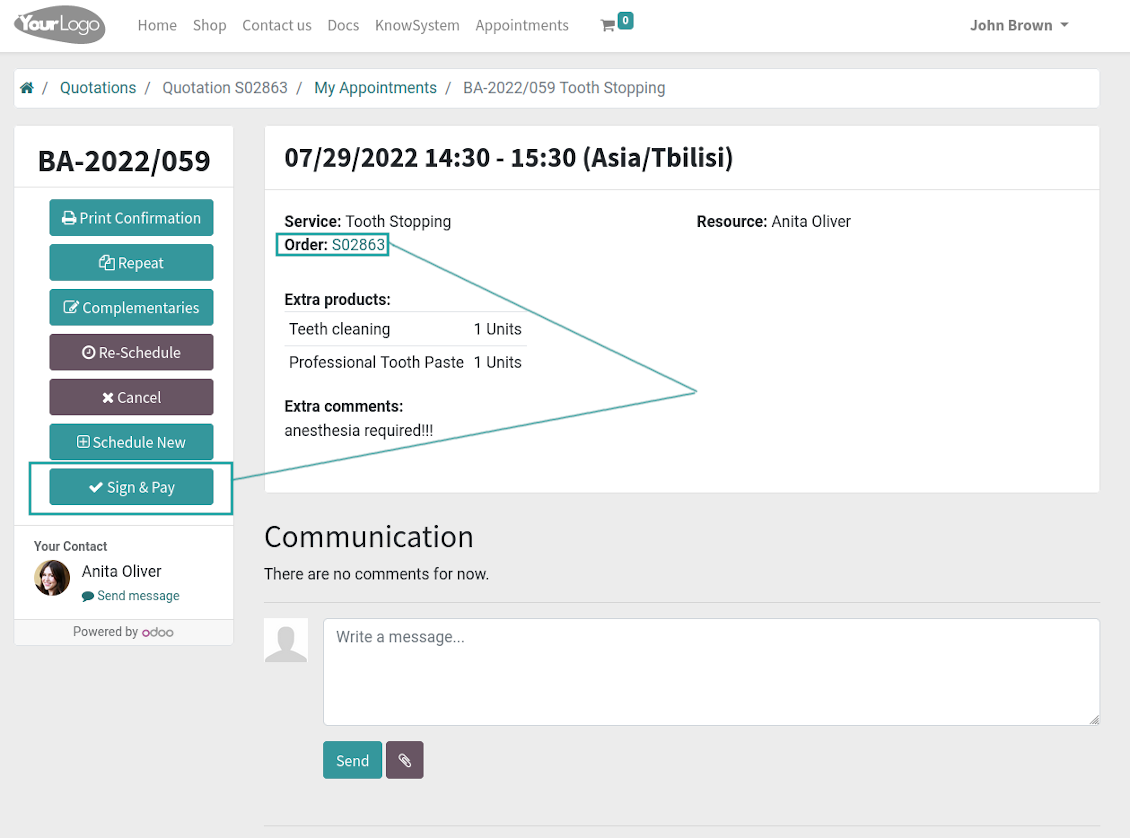 Odoo appointment to sign and pay