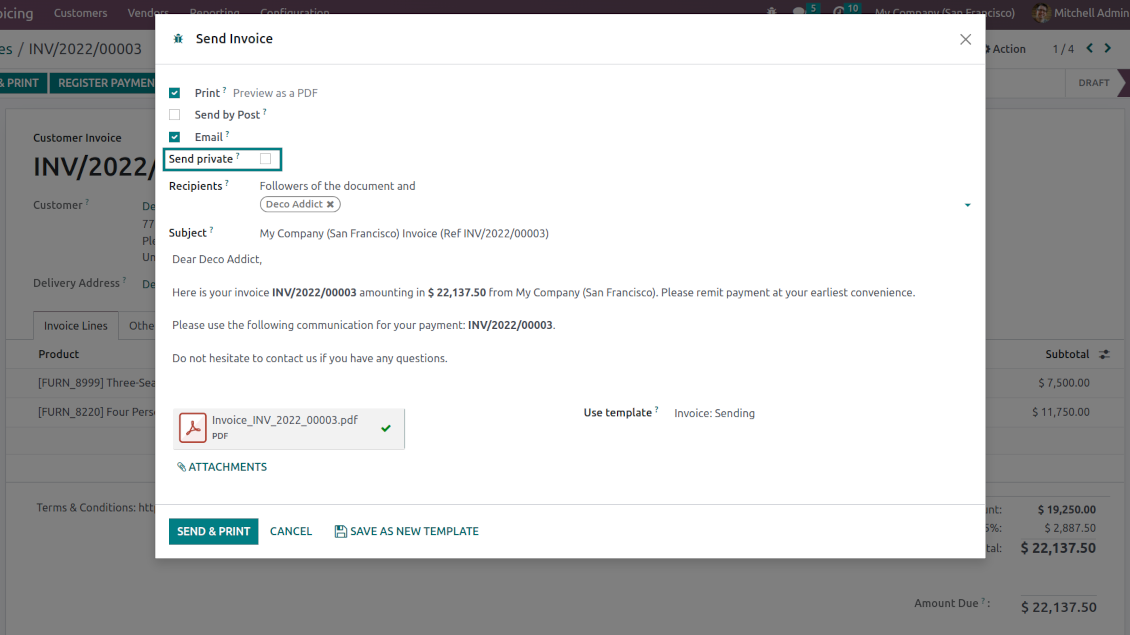 Internal invoice email composer