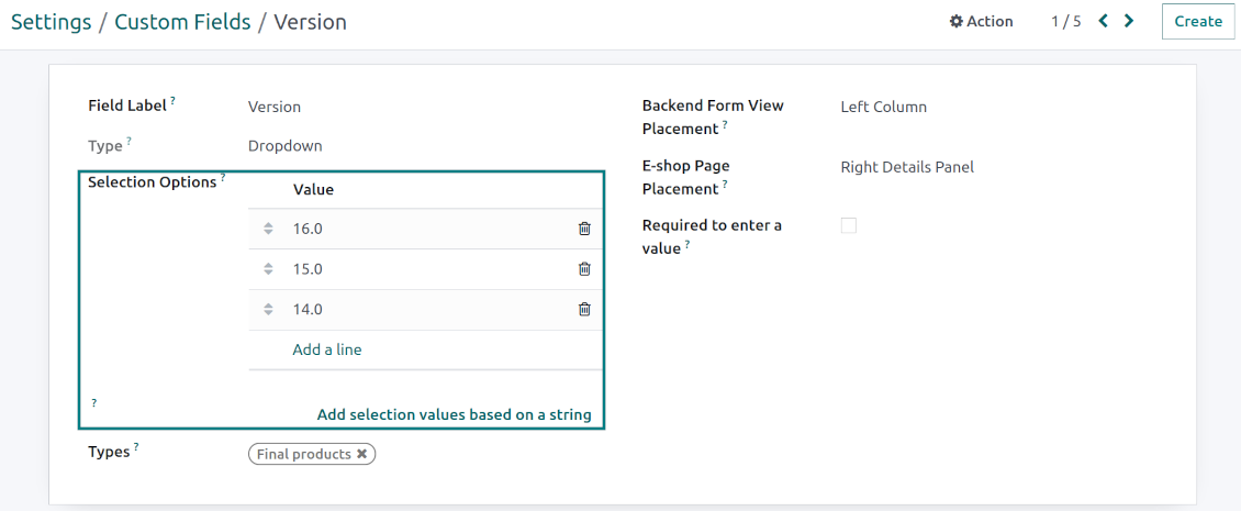Selection fields for product templates